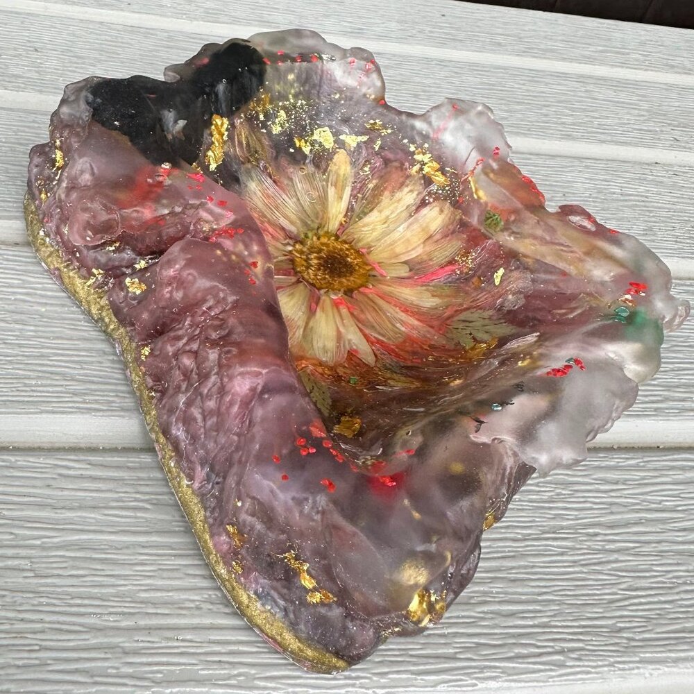 Handmade Resin Flower Jewelry Dish Gold Leaf Pressed Flower Ring Holder Trinket - Picture 3 of 8